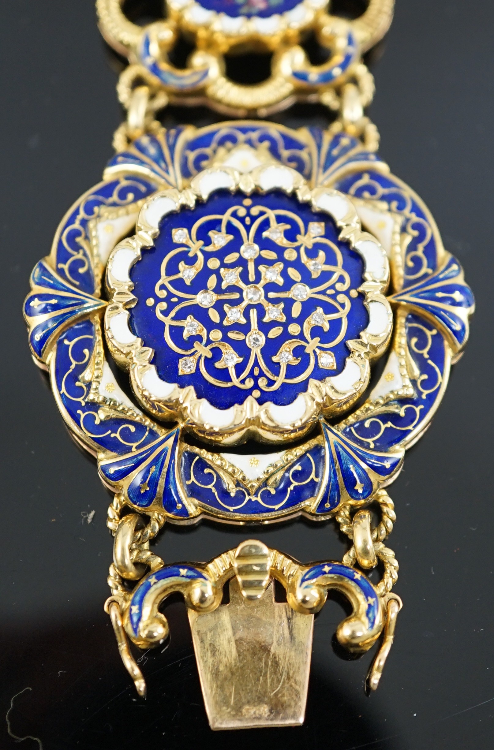 A late 19th century Swiss 18ct gold and polychrome enamelled suite of jewellery, retailed by E. Meister, Zurich